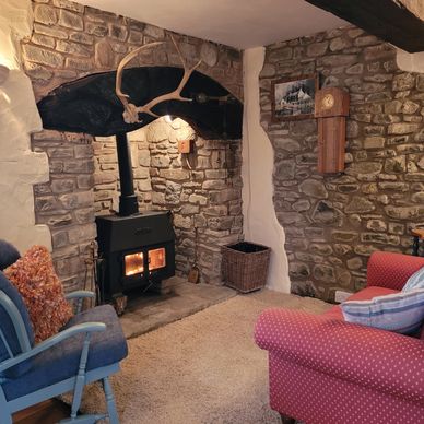 Living area with woodburner in dog friendly holiday retreat near Llanwrtyd Wells.