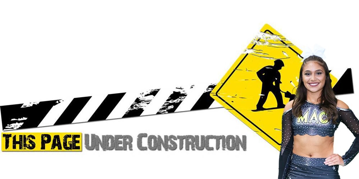 Cheerleader standing next to a 'This Page Under Construction' sign with caution tape.