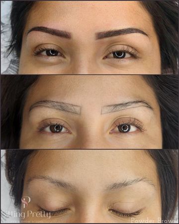 Woman with powder eyebrows. Tattoo 