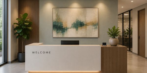Modern reception desk with a welcome sign and abstract wall art.