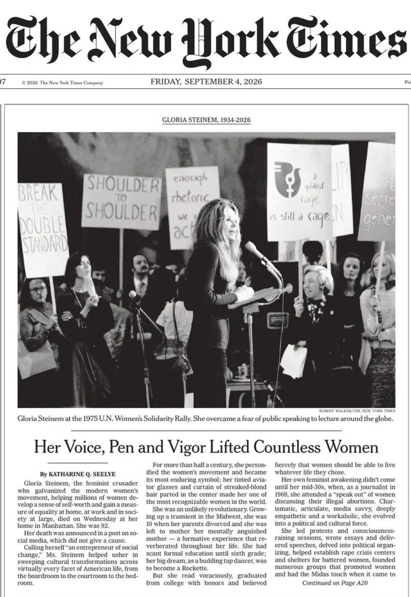 New York Times front page honoring Gloria Steinem's legacy.