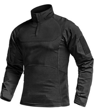 Black tactical long-sleeve shirt with zippered collar and arm patches.