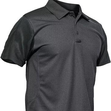 Black short-sleeve polo shirt with button-up collar.