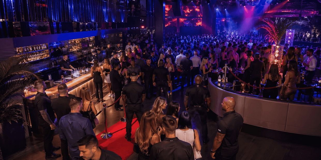 upscale nightlife environment showing a controlled room under moody blue and magenta lighting