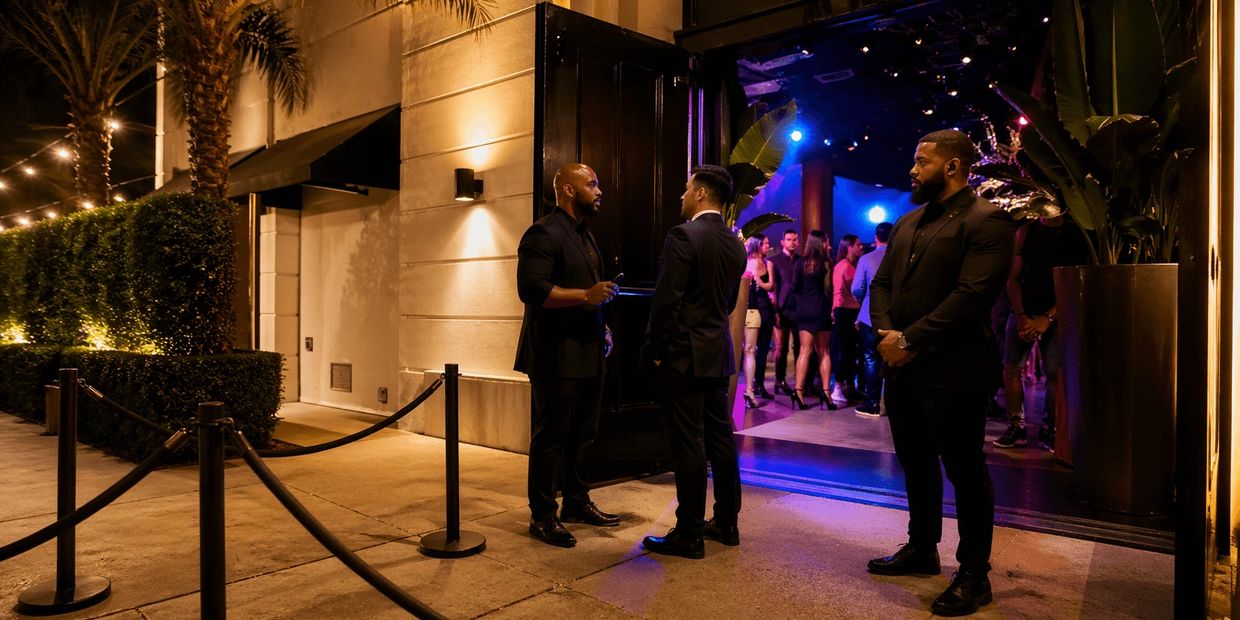 upscale nightlife venue entrance with calm professional security presence at night