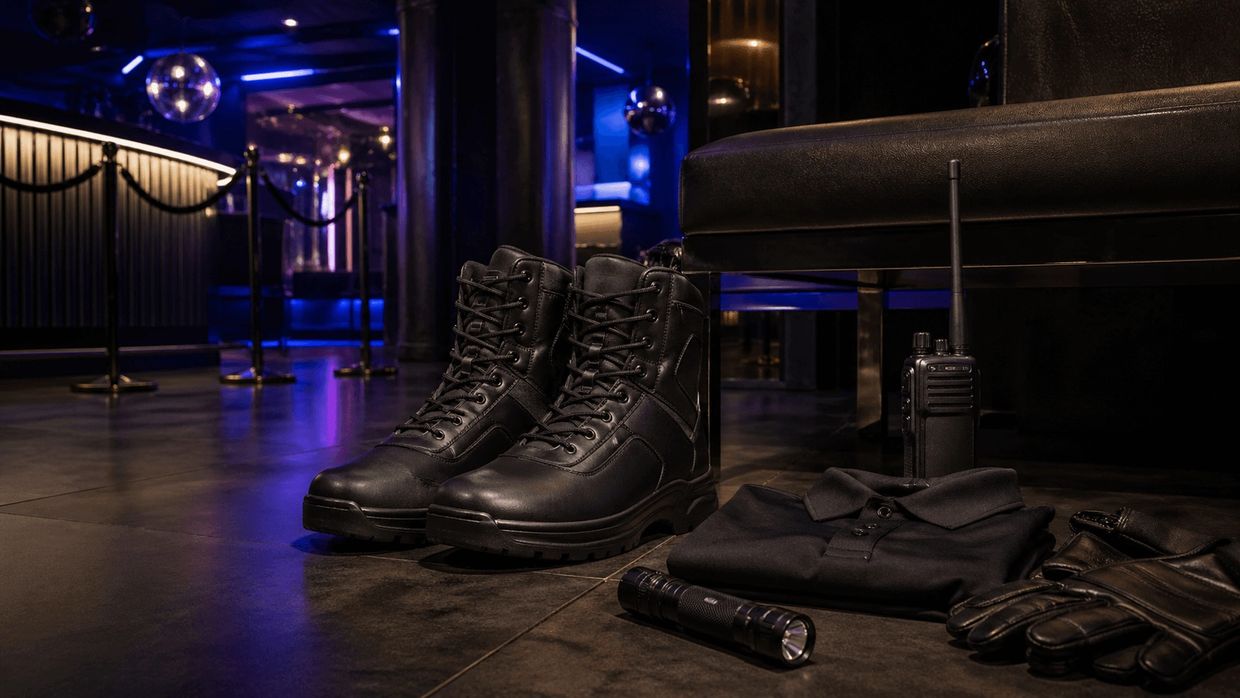 security footwear arranged with radio flashlight and earpiece in a nightlife environment