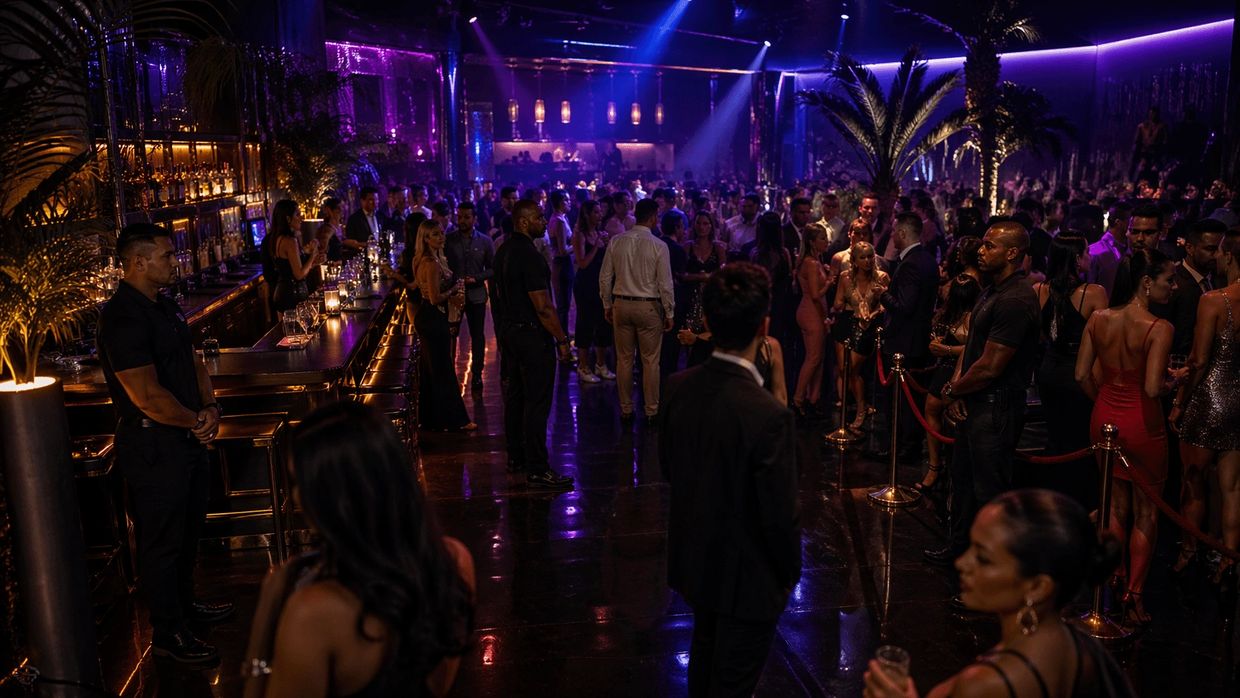 wide upscale nightclub interior with visible security presence and controlled guest flow