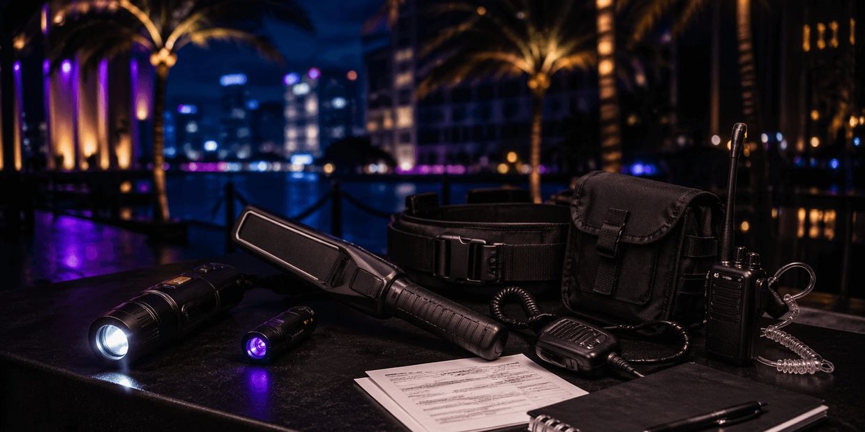 nightlife security tools laid out under moody city lighting including flashlight radio wand belt pou
