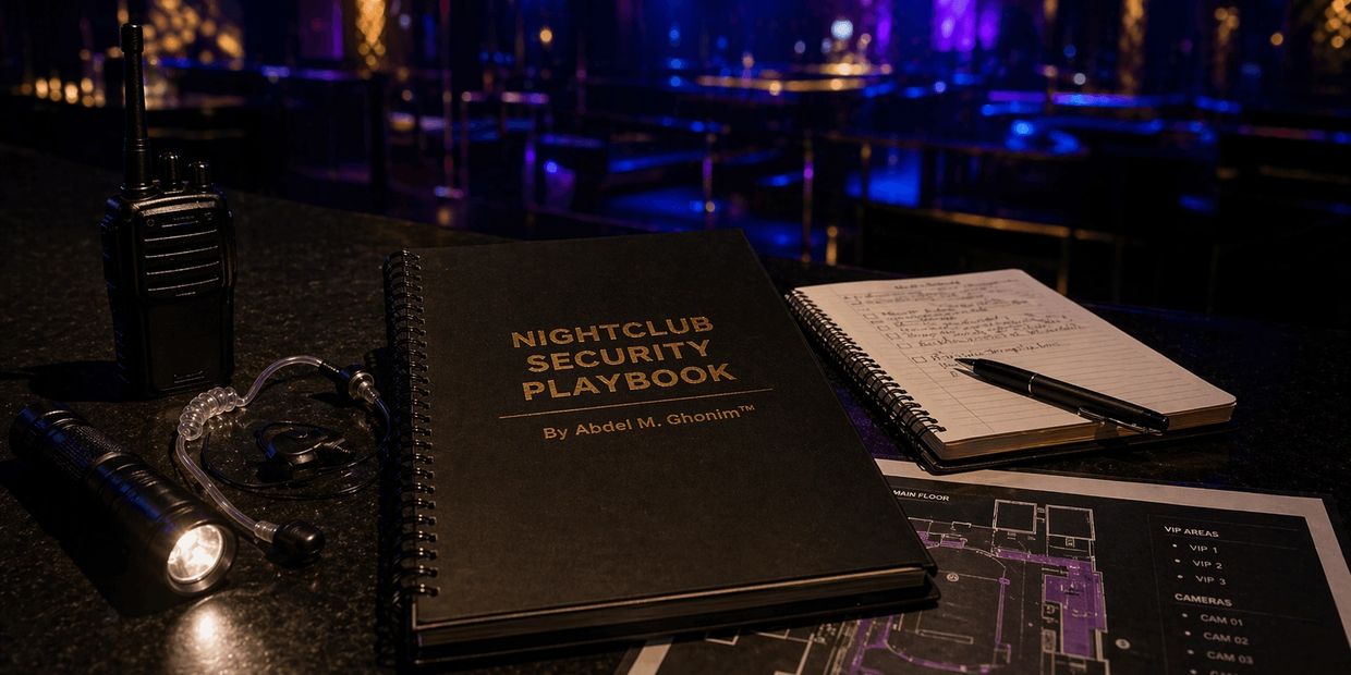 nightlife security planning desk with radio flashlight checklist notebook and operations playbook in