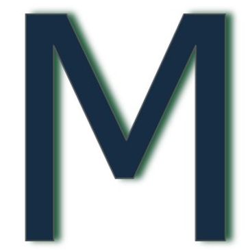 Close-up of a dark blue letter M with a subtle green glow.