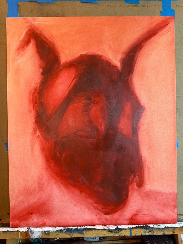 Abstract painting of a dark red animal skull on a reddish background.