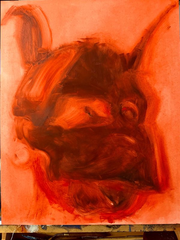 Abstract painting of a dog's head in shades of red and brown.