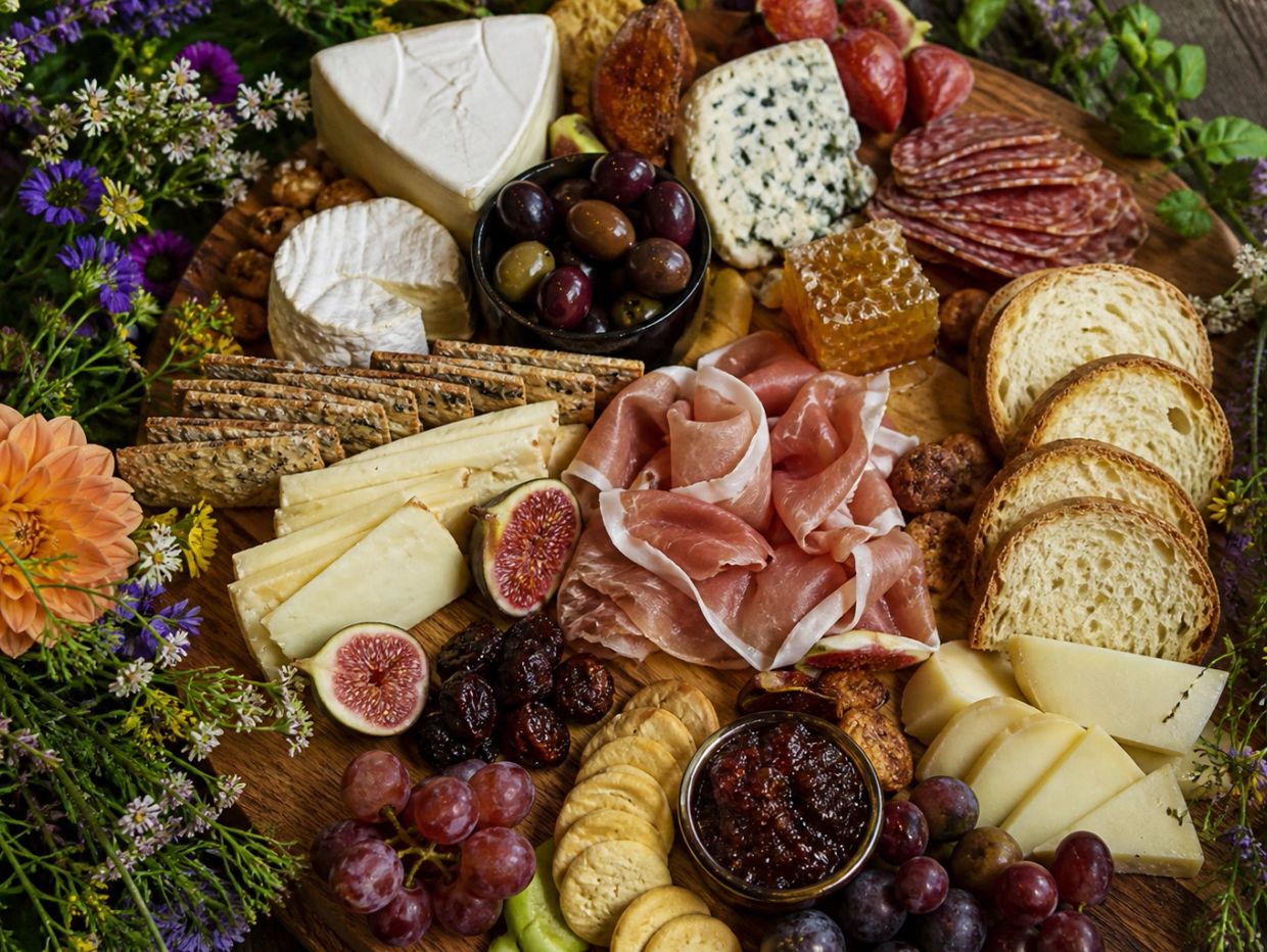 A vibrant charcuterie board with cheeses, meats, fruits, crackers, and honey.