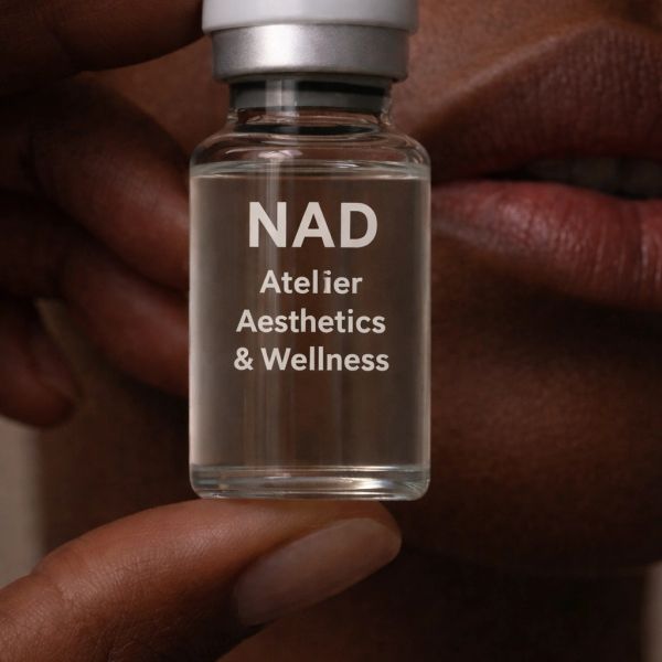 A hand holds a small vial labeled NAD Atelier Aesthetics &amp; Wellness.
