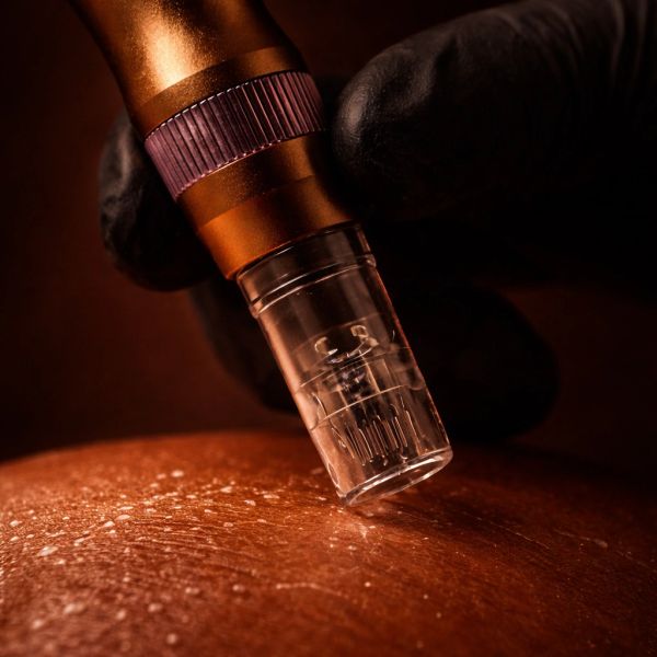 Close-up of a microneedling device on skin with a gloved hand.
