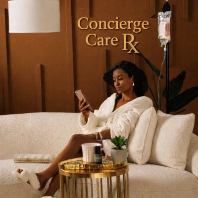 Woman relaxing on a sofa with IV therapy, promoting Concierge Care RX.