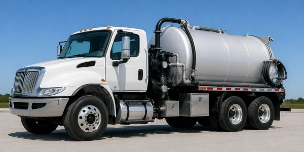 White tanker truck parked outdoors under clear sky.