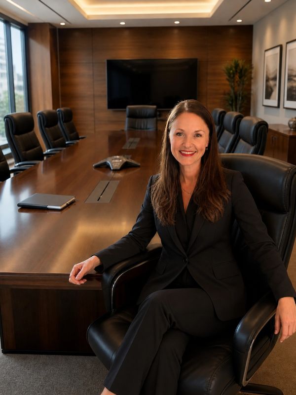 Confident businesswoman sitting in a modern conference room.