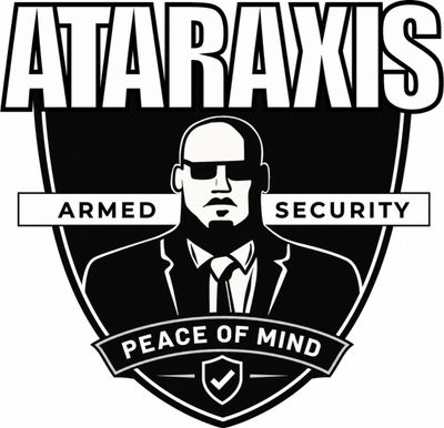 Logo of Ataraxis Armed Security featuring a suited guard with sunglasses.