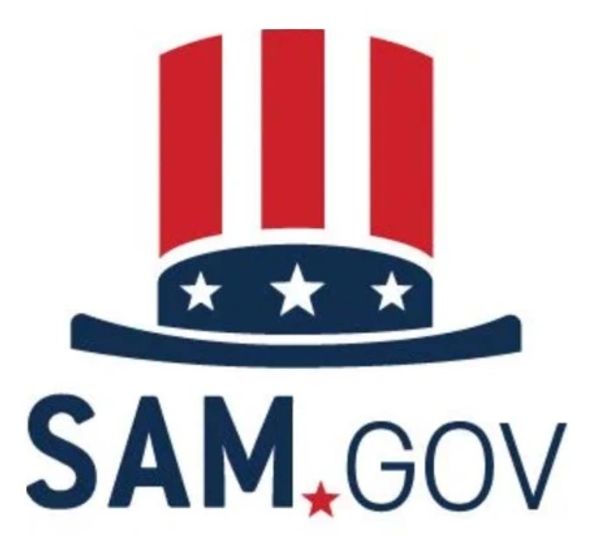 Logo featuring a patriotic red, white, and blue top hat with stars above the text SAM.GOV.