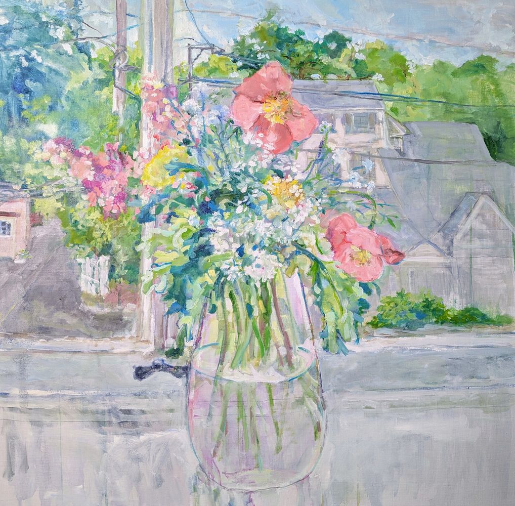 "Room with a View"
Oil on canvas.   30 x 30
Still life on the windowsill of my apartment,