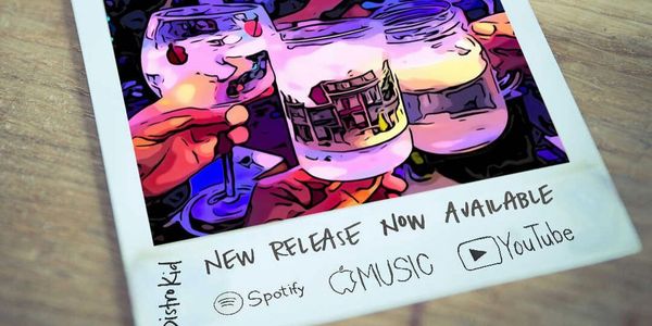 Polaroid photo on a table promoting a new music release with drinks and a musician.