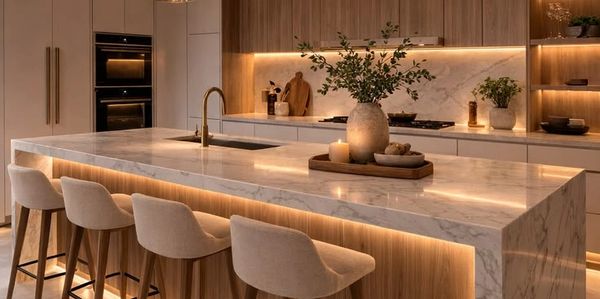Modern kitchen with marble island and soft warm lighting.