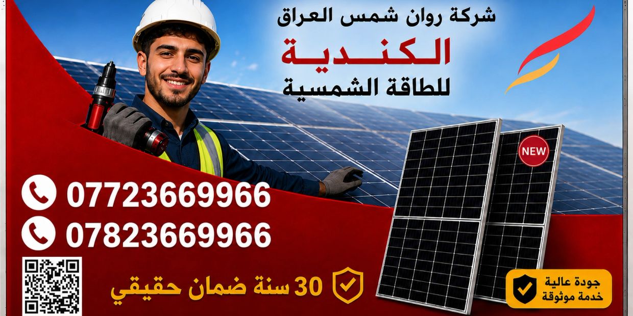Advertisement for Al-Kandiyah solar energy company with contact info.