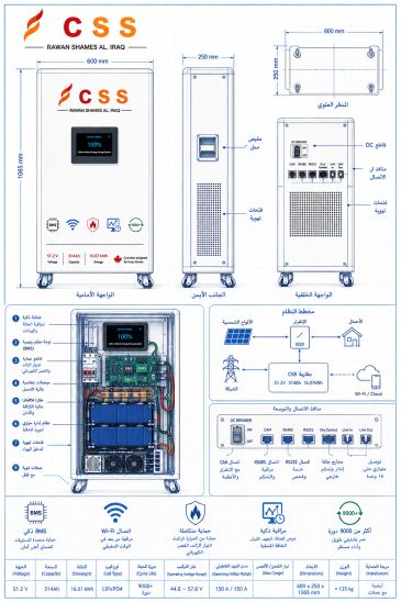 Technical diagram of the CSS lithium battery energy storage system with dimensions and specifications.