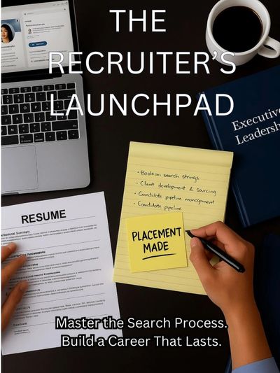 Cover for The Recruiter Launchpad book, a laptop, resume, coffee and book. 