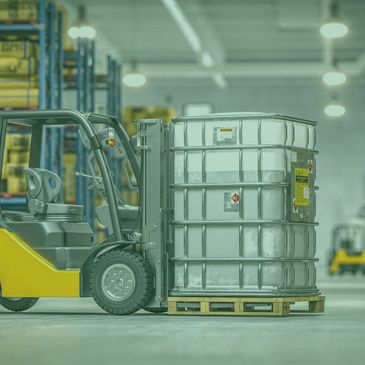 Forklift carrying hazardous waste container with liquid insie