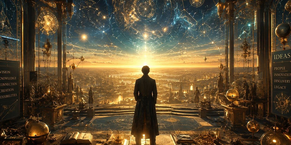 A lone figure overlooks a futuristic city under a celestial, star-mapped sky filled with innovation symbols.
