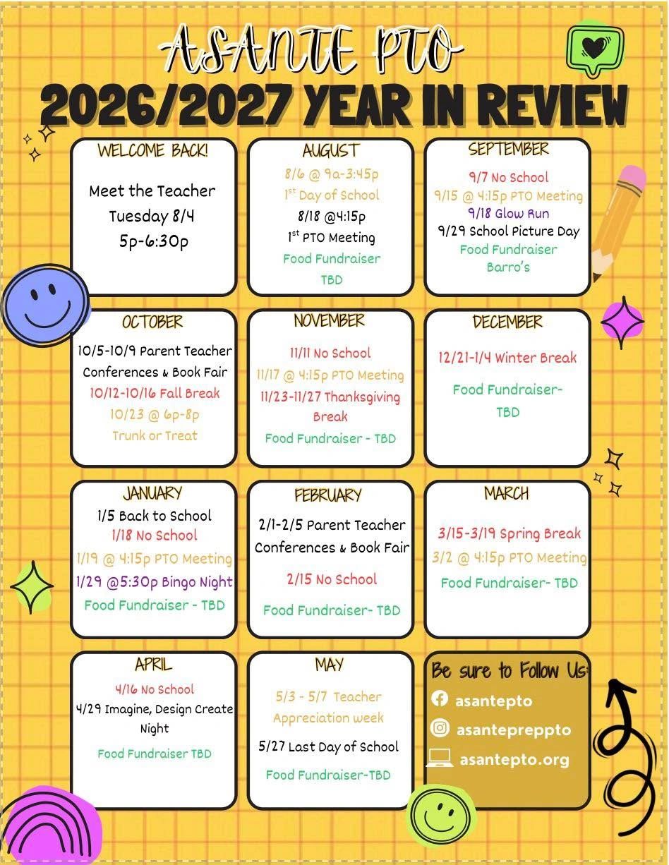 2026-2027 ASANTE PTO Year in Review events and important dates.