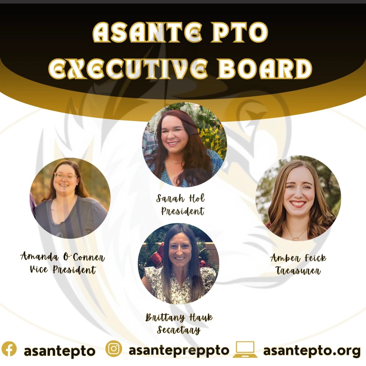 Photo of Asante PTO Executive Board members with names and titles.