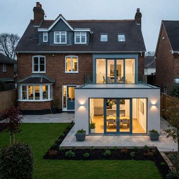 Modern extension on a traditional brick house at dusk.