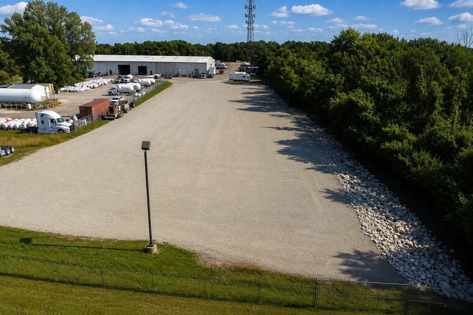 Gravel lot beside industrial buildings and trees.