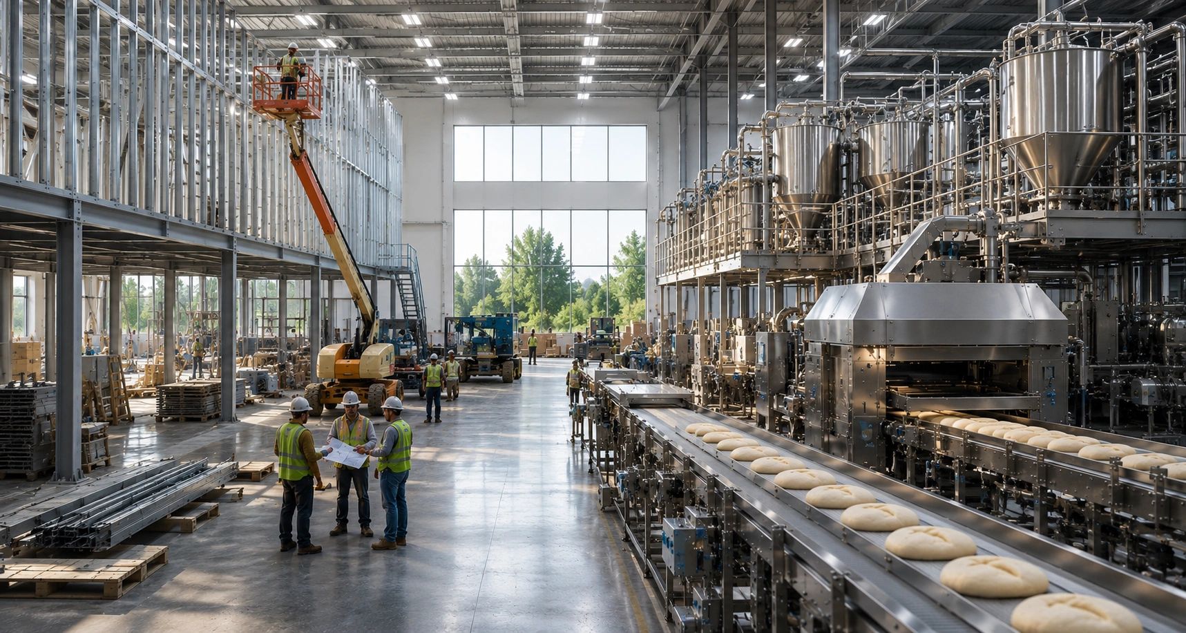 Workers oversee industrial bread production in a large factory.