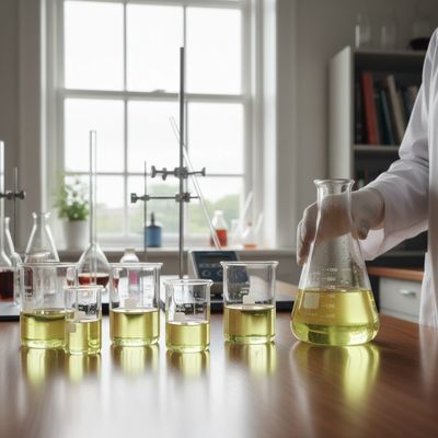 Scientist holding a flask filled with yellow liquid in a laboratory.