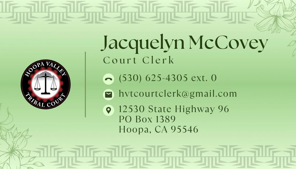 Business card of Jacquelyn McCovey, Court Clerk at Hoopa Valley Tribal Court.