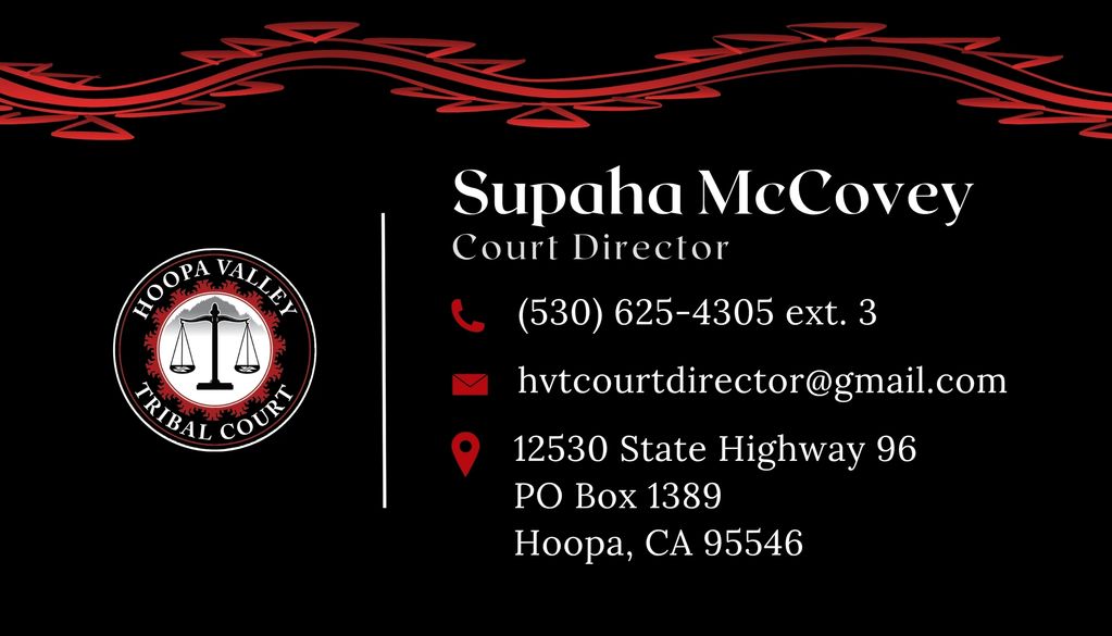 Business card for Supaha McCovey, Court Director at Hoopa Valley Tribal Court.