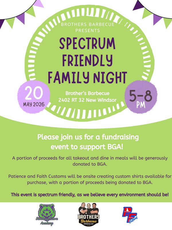 Fundraising Spectrum Friendly Family Night at Brother's Barbecue on May 20, 2026, 5-8 PM.