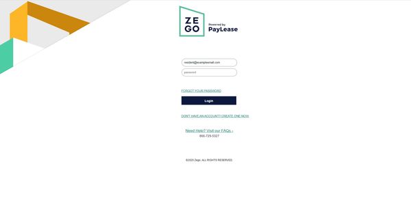 Screenshot of Zego login page for residents with an existing account