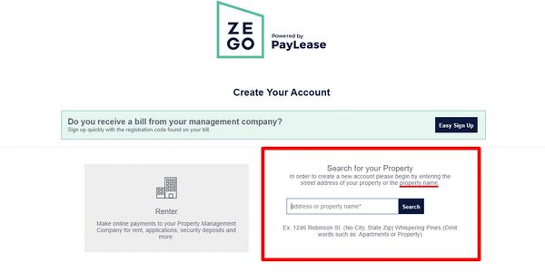 Screenshot for residents who need to create a new acccount with Zego to pay rent online