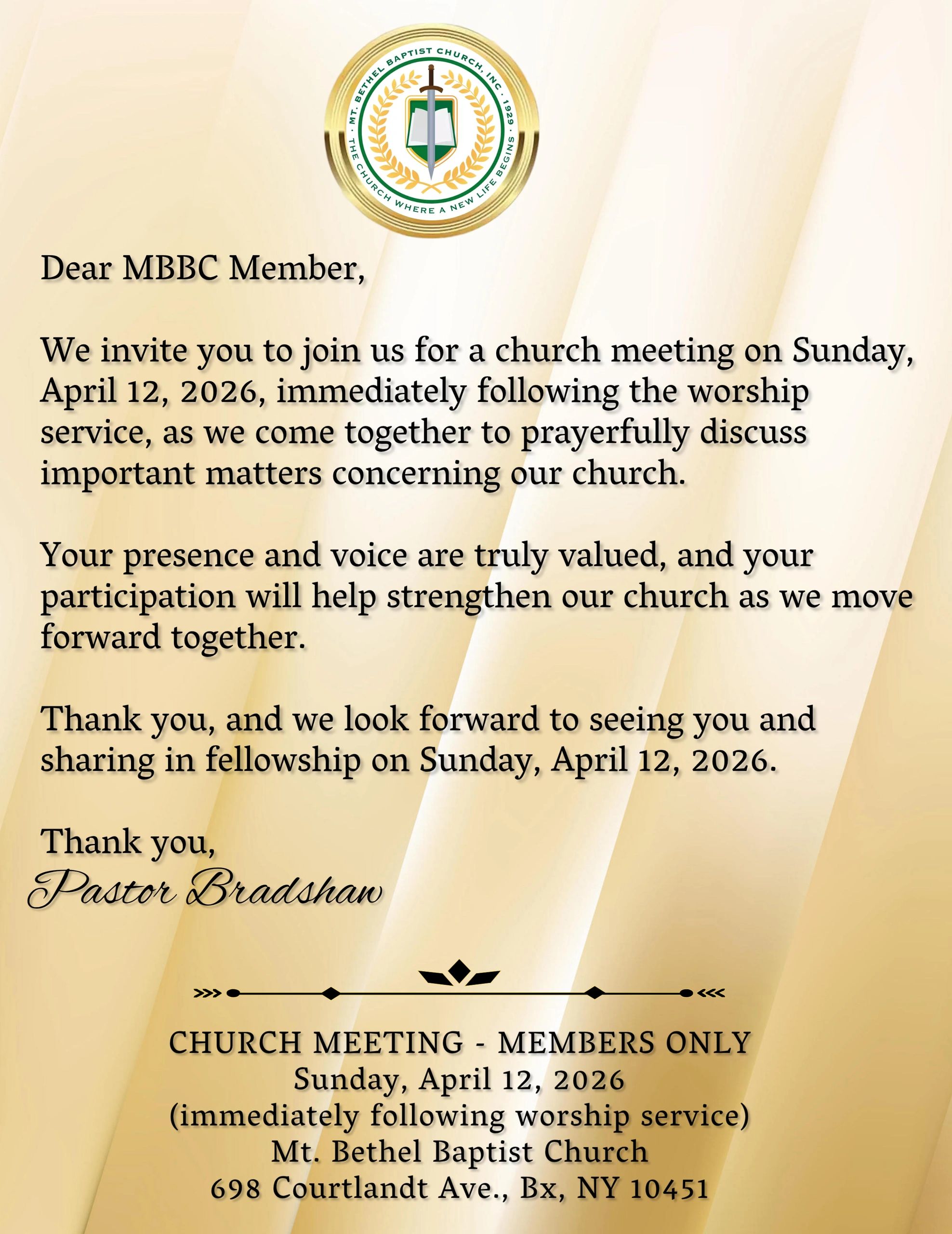 Invitation to a church meeting on April 12, 2026, at Mt. Bethel Baptist Church.