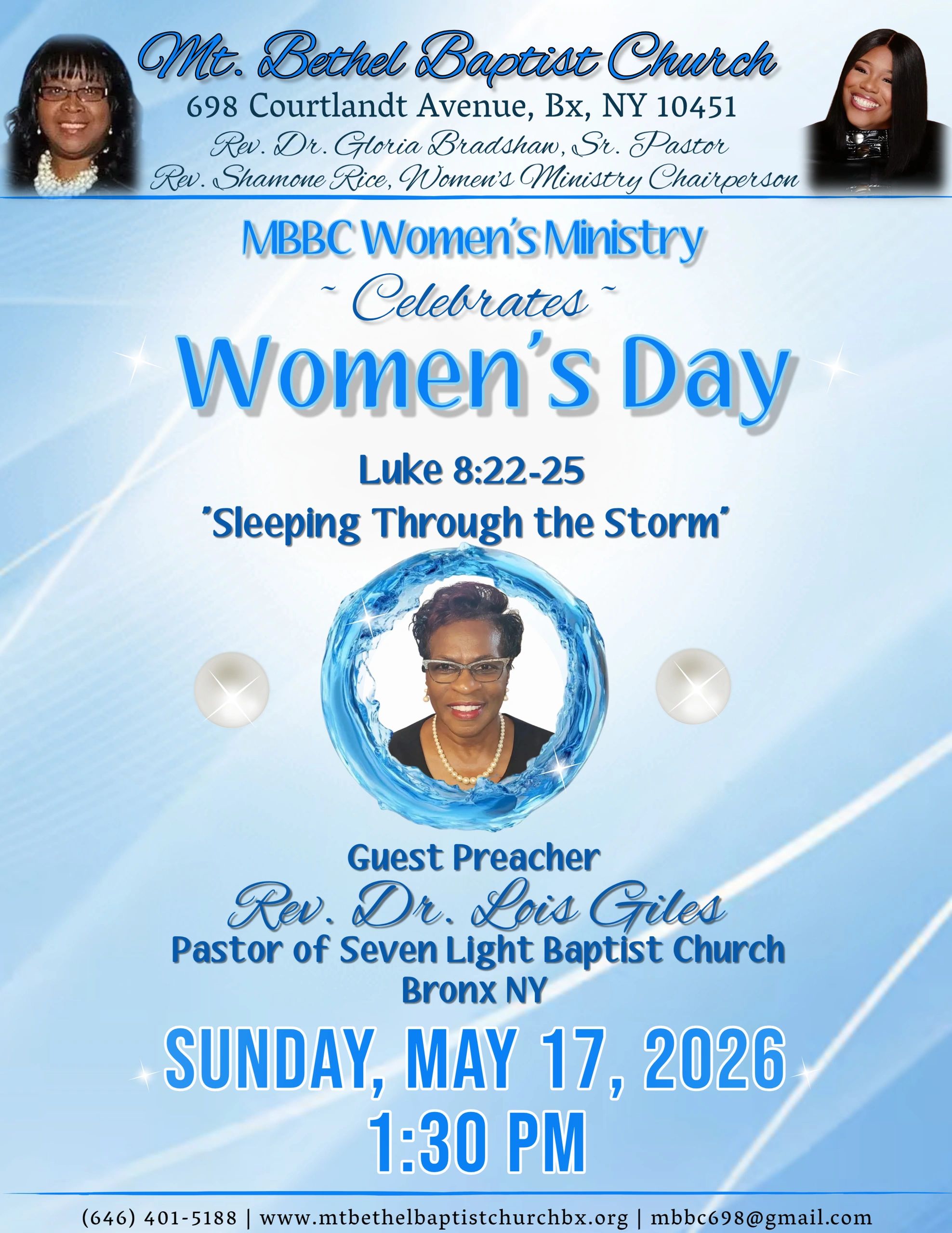 Flyer for Mt. Bethel Baptist Church Women's Day celebration on May 17, 2026, with guest preacher Rev. Dr. Lois Giles.