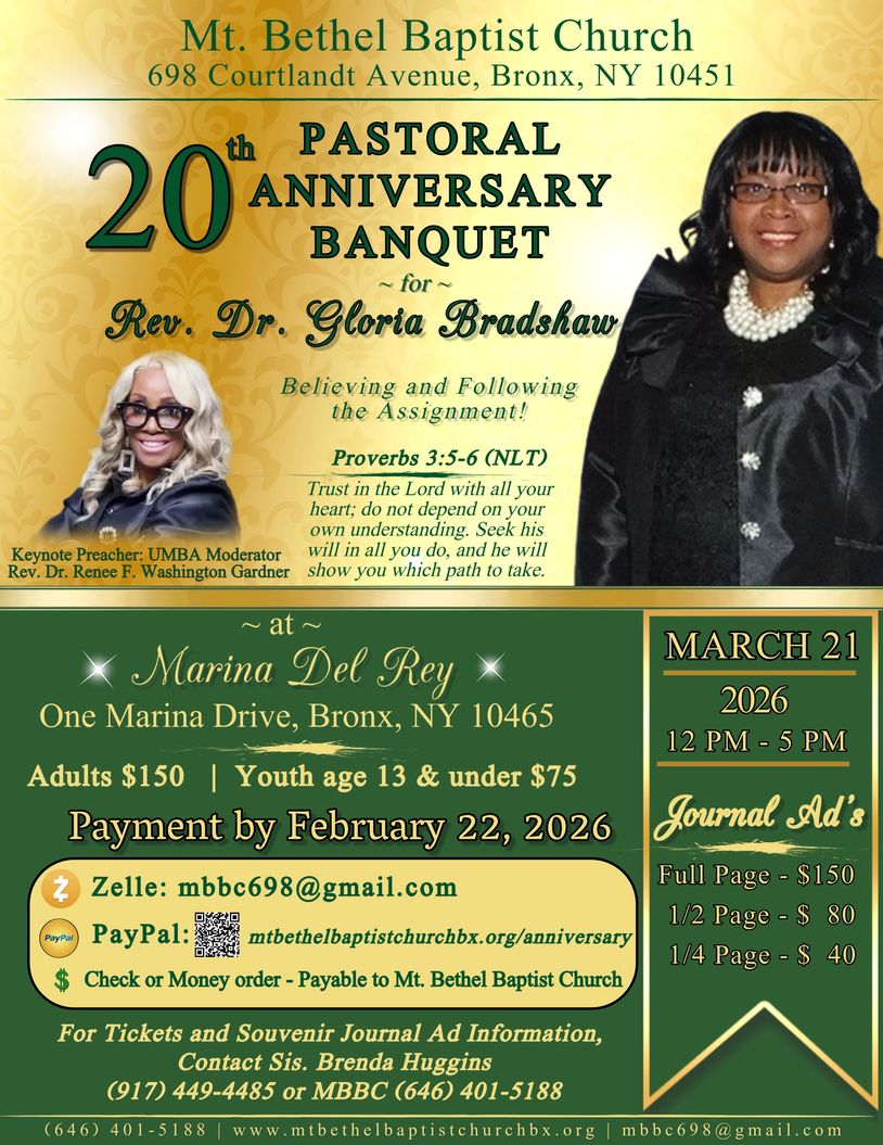 Invitation for Mt. Bethel Baptist Church's 20th Pastoral Anniversary Banquet honoring Rev. Dr. Gloria Bradshaw.