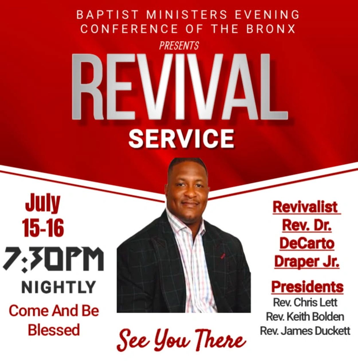 Flyer for Baptist Ministers Evening Conference Revival Service in the Bronx, July 15-16 at 7:30 PM.