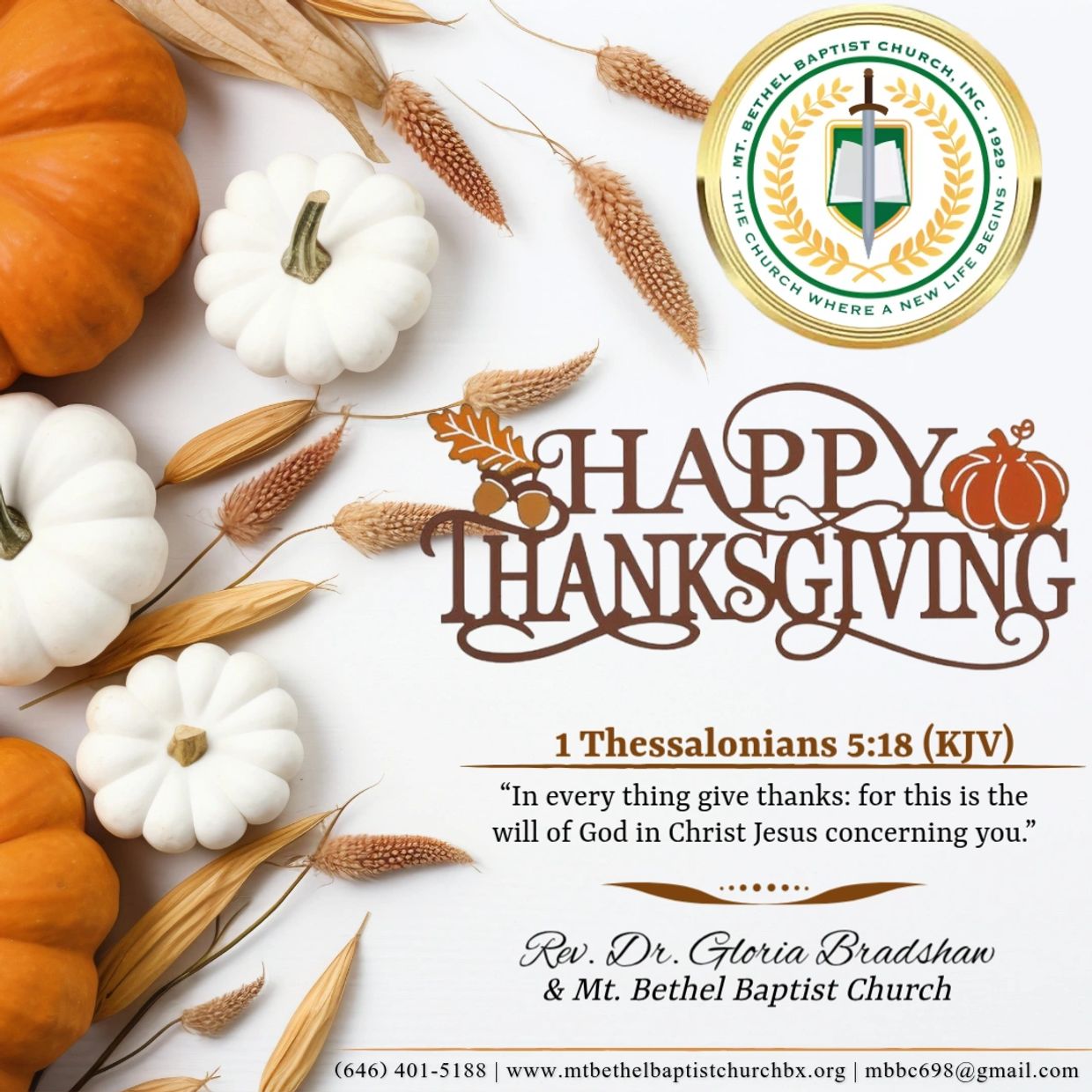 Thanksgiving greeting with pumpkins and a Bible verse from 1 Thessalonians 5:18.