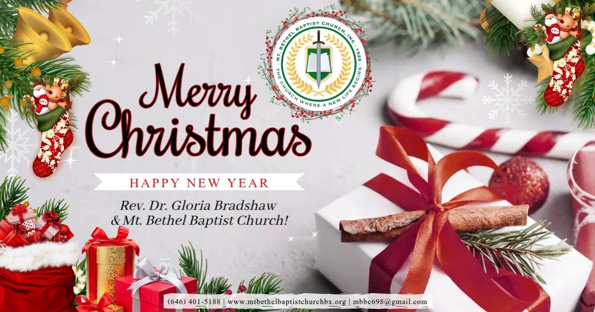 Christmas greeting from Rev. Dr. Gloria Bradshaw and Mt. Bethel Baptist Church with festive decorations.