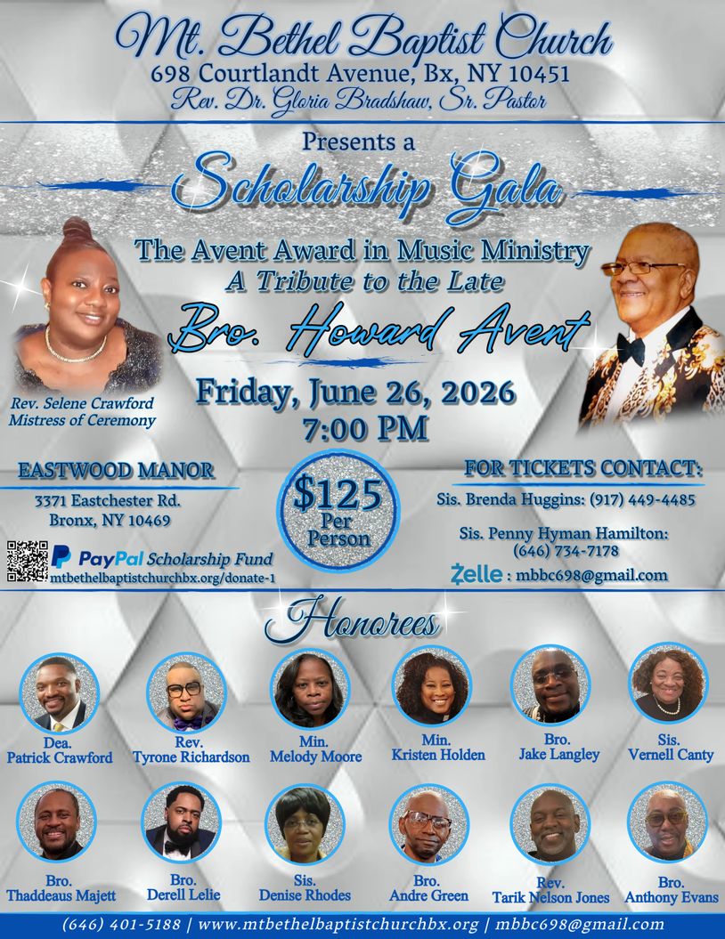 Flyer for Mt. Bethel Baptist Church Scholarship Gala honoring Bro. Howard Avent, June 26, 2026.